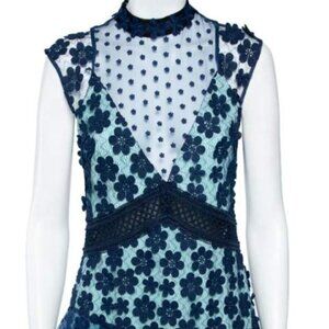 Self-Portrait Navy Blue Floral Applique Mesh & Lace Overlay Detail Mini Dress